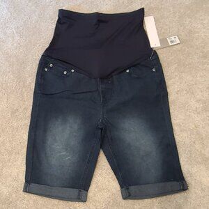 Cuffed Over-Belly Maternity Jean Bermuda Shorts Dark Wash